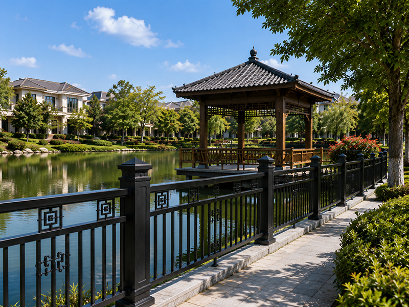 Outdoor aluminum fence beside a lake