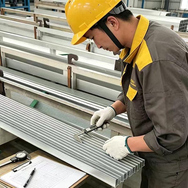 Worker measuring aluminum profiles during quality inspection